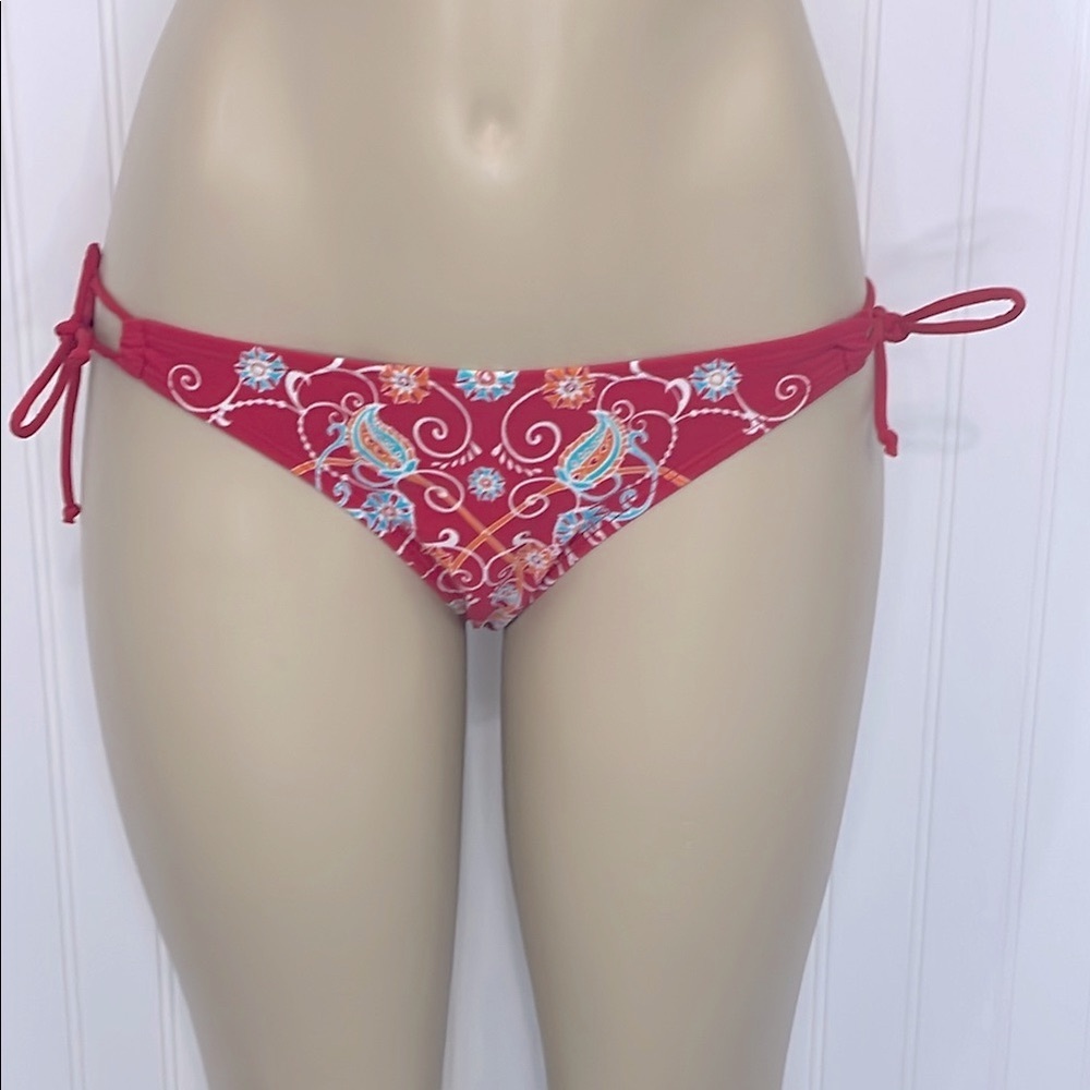 Athleta Red Floral Paisley Side Tie Bikini Bottoms Small Great Condition